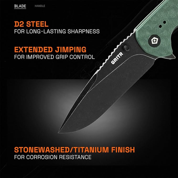 GRITR Stealth Folding Pocket Knife w/ 3.5 D2 Steel Blade for Military Hunting Camping Hiking – Green Handle Non-Serrated Blade with Stonewashed Finish