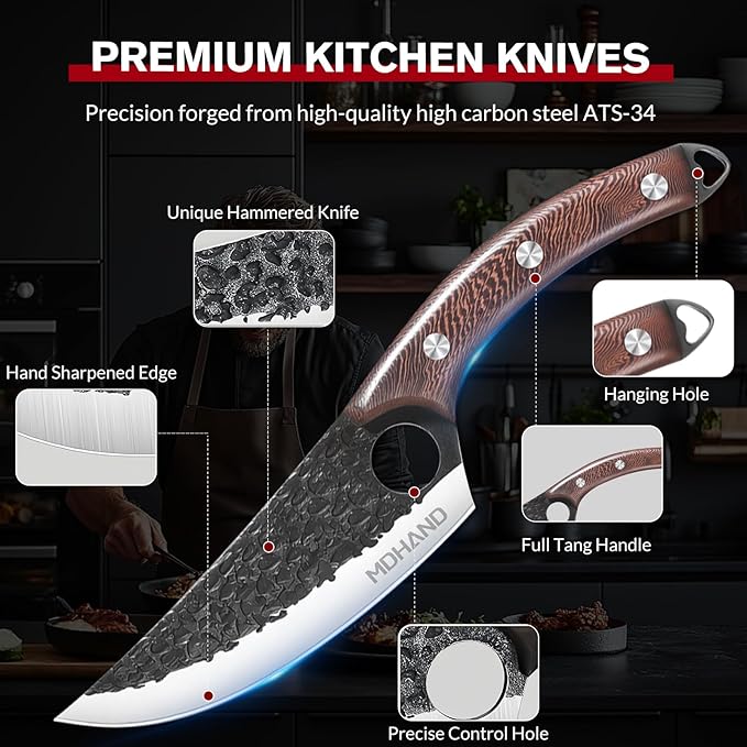 MDHAND Butcher Knife Set 18PCS Hand Forged Viking Kitchen Serbian Chef Knife with Roll Bag Heavy Duty Meat Cleaver &amp Brisket Knives for BBQ Outdoor Camping Meat Cutting Tools Gifts for Men Wo