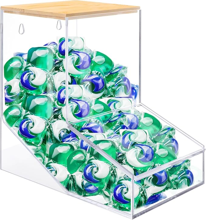 JYPS Laundry BoxAcrylic Dishwasher Pod Holder with 2 LidsPowder DispenserDrying BallsBeadsSoap Organizer for Room Table/Wall MountedSnack Candy Storage (1pcs-bigger)
