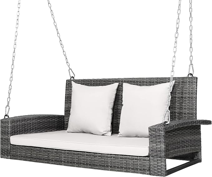 Tangkula 2 Person Wicker Hanging Porch Swing Patiojoy Outdoor Rattan Swing with Soft Cushions and 2 Rustproof Steel Chains 800 LBS Patio Swing Bench for Balcony Garden and Yard