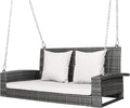 Tangkula 2 Person Wicker Hanging Porch Swing Patiojoy Outdoor Rattan Swing with Soft Cushions and 2 Rustproof Steel Chains 800 LBS Patio Swing Bench for Balcony Garden and Yard