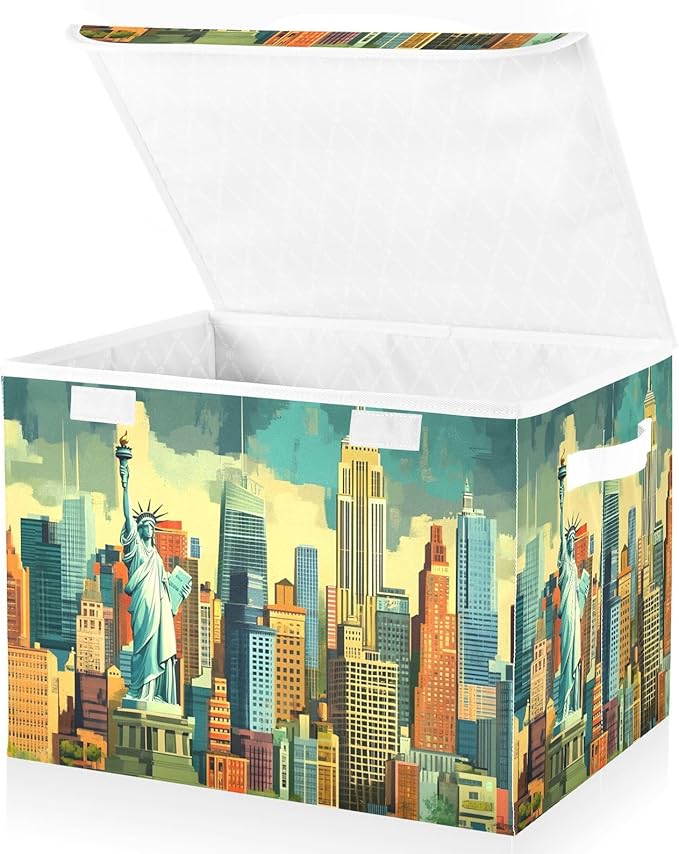 New York City Storage Cube Bins Basket with Lid Collapsible Flip-top Fabric with Handle for Home Bedroom Closet Office 16.5×12.6×11.8 in