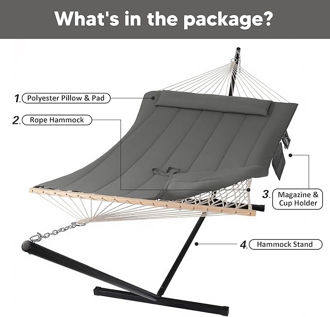 SUNCREAT Double Outdoor Hammock with Stand Two Person Cotton Rope Hammock with Polyester Pad Dark Gray