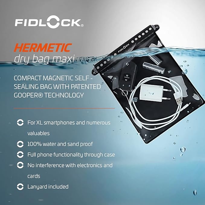 FIDLOCK Hermetic Dry Bag Flexible Magnetic Self-Sealing Bag for Cellphone | 100% Water &amp Sand Proof | Practical Size with a Large Opening | Lanyard Included | Multi | Transparent Yellow