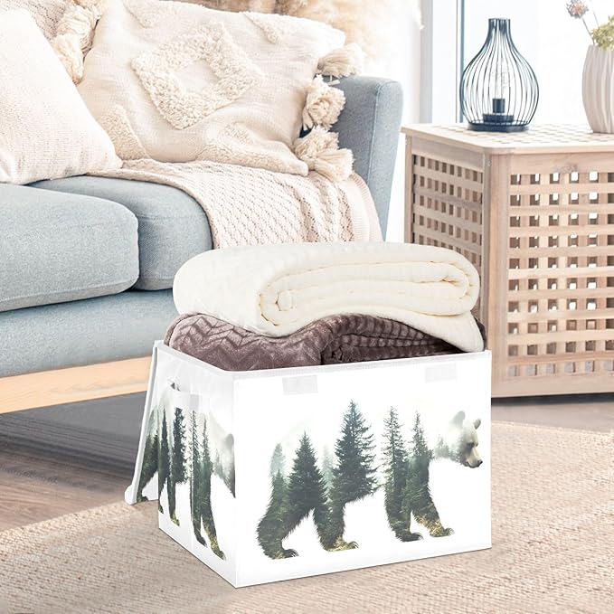 AIXIWAWA Lidded Storage Cube (Forest Bear) Fabric Foldable Closet Bins with Flip Lid and Handles Organizer Basket Container 16.5 x 12.6 x 11.8 IN