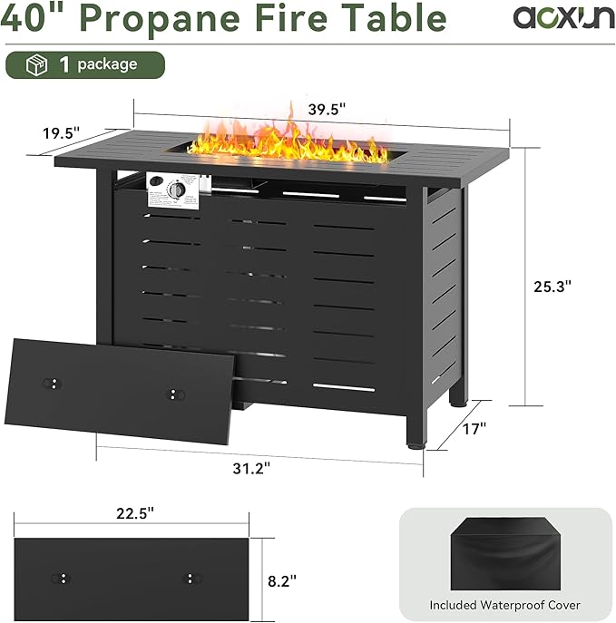 Aoxun 40 Inch Outdoor Propane Fire Pit - 50000 BTU Gas Fire Pit Table with Lava Rocks Patio Heater Rectangle Fire Table with Removable Lid &amp Waterproof Cover for Deck Backyard Garden Black