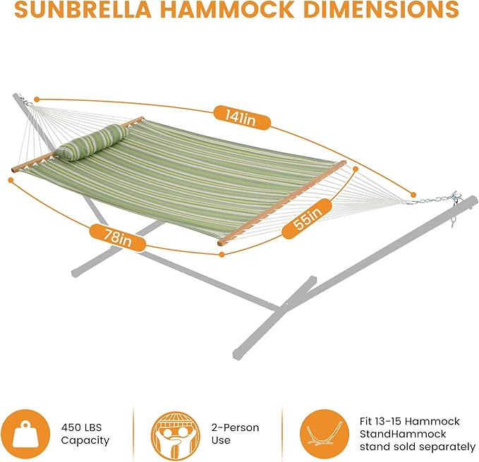 Lazy Daze Hammocks 12 FT Sunbrella Fabric Hammock not Fading with Spreader Bars and Free Pillow Fits for 2 Persons All Weather and Fade Resistant 450 lbs Capacity Foster Surfside with RAIN Finish