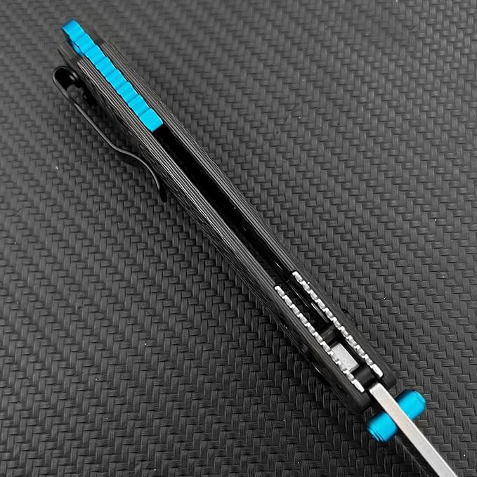 HUAAO Lightweight EDC Folding Pocket Knives For Men Satin Plain Edge D2 Blade Carbon Fiber Handle With Deep Carry Pocket Clip Everyday Carry Thumb Studs Manual Open