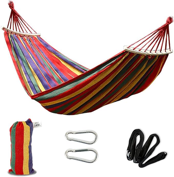ANGELYCIA Brazilian Large Single Canvas Cotton Hammock | Weights up to 400 lb. | Indoor &amp Outdoor Hammock Bed for Stand Patio Garden Backyard Lounging | Hammocks for Outside (Rainbow Stripe)
