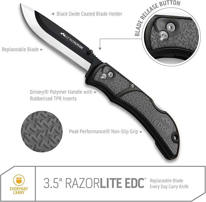 OUTDOOR EDGE 3.5 RazorLite EDC Knife. Pocket Knife with Replaceable Blades and Clip. Perfect For Hunting and Skinning Deer. Gray with 6 Blades