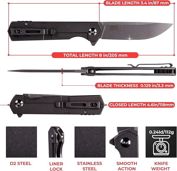 Firebird Ganzo FH13-SS Folding Pocket Knife 3.4 D2 Steel Blade All Steel Handle with Clip Outdoor Camping EDC Utility Pocket Knife (Titan Dark grey)