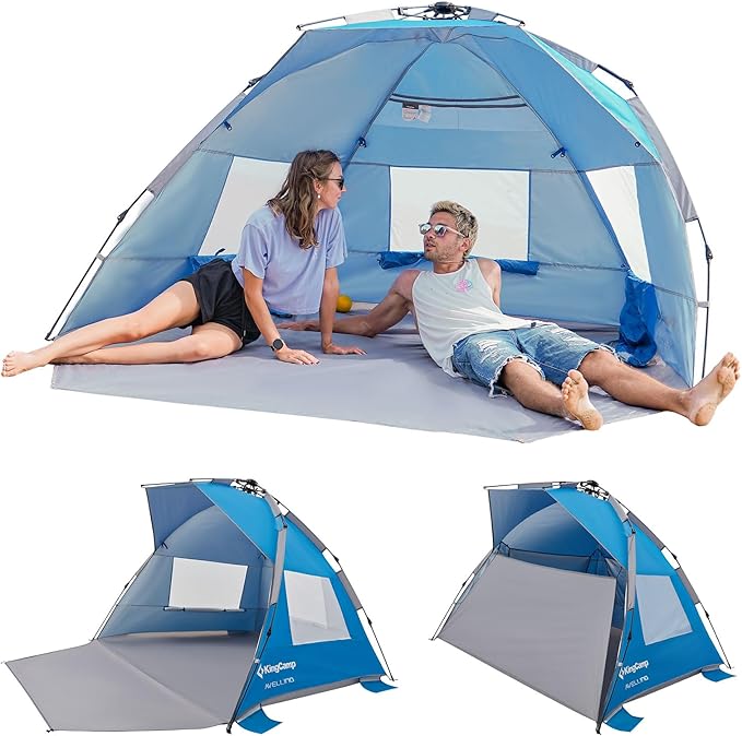 KingCamp Beach Tent Pop Up Shade 10s Easy Set Up Portable Beach Canopy Tent Sun Shelter for 3-4 Person Lightweight Instant Tent with Extendable Floor Beach Outdoor Camping Picnic