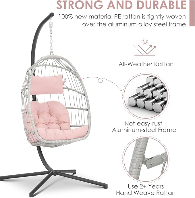 Brafab Pink Egg Chair with Stand Indoor Outdoor Swing Egg Chair Patio Wicker Hanging Chair with Stand Hammock Egg Chairs with UV Resistant Cushion and Aluminum Steel Frame for Bedroom Balcony Garden
