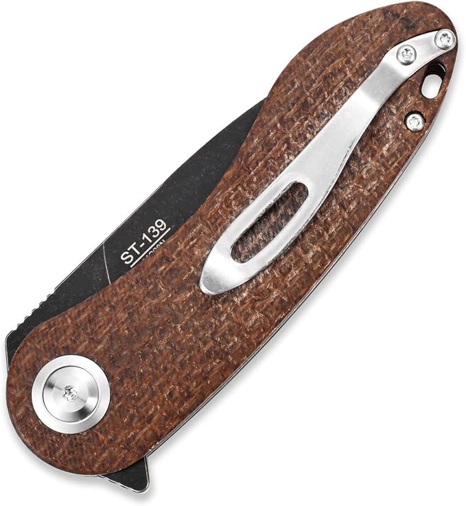 Sitivien ST139 Folding Knife Sandvik 14C28N Steel Blade Knife Micarta Handle EDC Tool Knives for Outdoor Camping Hiking Hunting Survival(Brown)