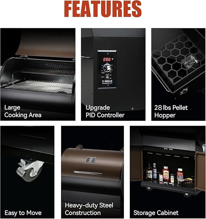 Z GRILLS 2026 Upgrade Wood Pellet Grill Smoker with PID Control Built-in Storage Cabinet Rain Cover 700 sq. in Cooking Area for Outdoor BBQ Smoke Bake and Roast