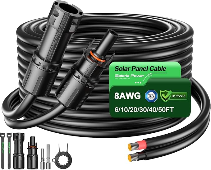 Bateria Power 30 Feet 8AWG Solar Panel Extension Cable 10mm² Twin Wire Conductor Parallel Solar Wire Adapter Kit with Waterproof Female &amp Male Solar Connectors for RV Marine Photovoltaic System