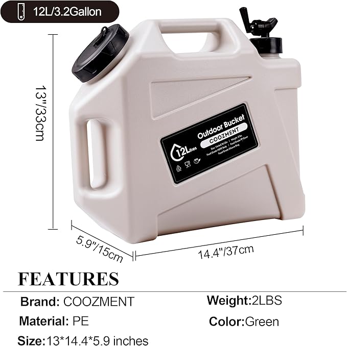 3.2 Gallon/5 Gallon Water Containers with Spigot BPA Free Water Jug Military Green Water Tank Multifunction Water Storage Containers for Camping Outdoor HikingEmergency Stroage