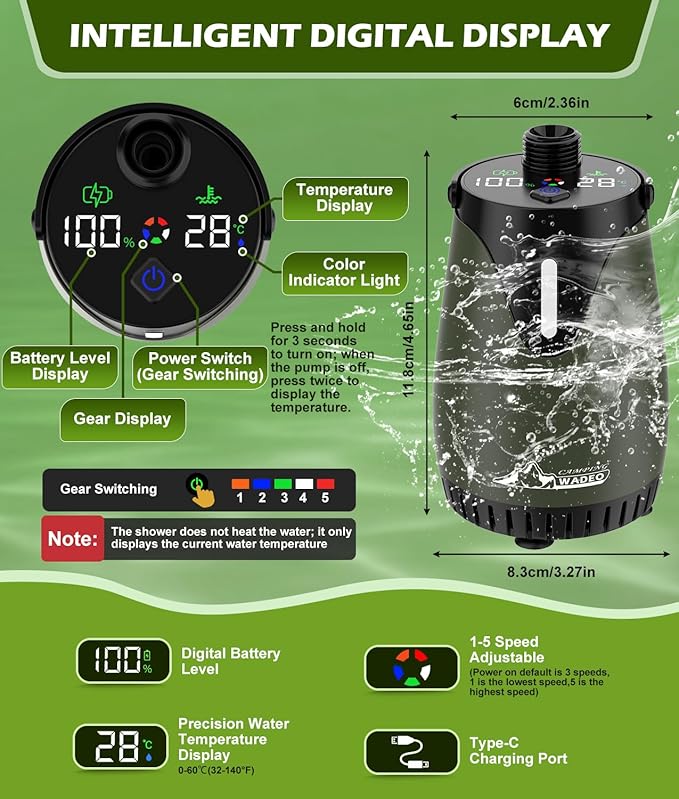Upgraded Portable Shower for Camping with Heater Rechargeable Camping Shower with Intelligent LED Display 5 Gal Foldable Bucket 4 Spray Modes Portable Shower for Travel Pet Bath Car Washing