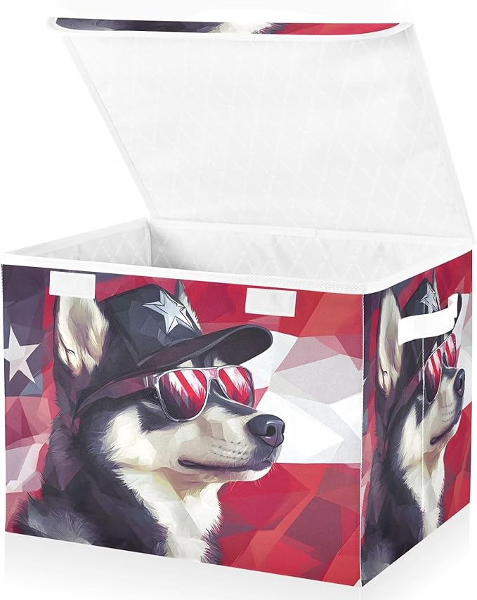 Husky America Storage Cube Bins Basket with Lid Collapsible Flip-top Fabric with Handle for Home Bedroom Closet Office 16.5×12.6×11.8 in