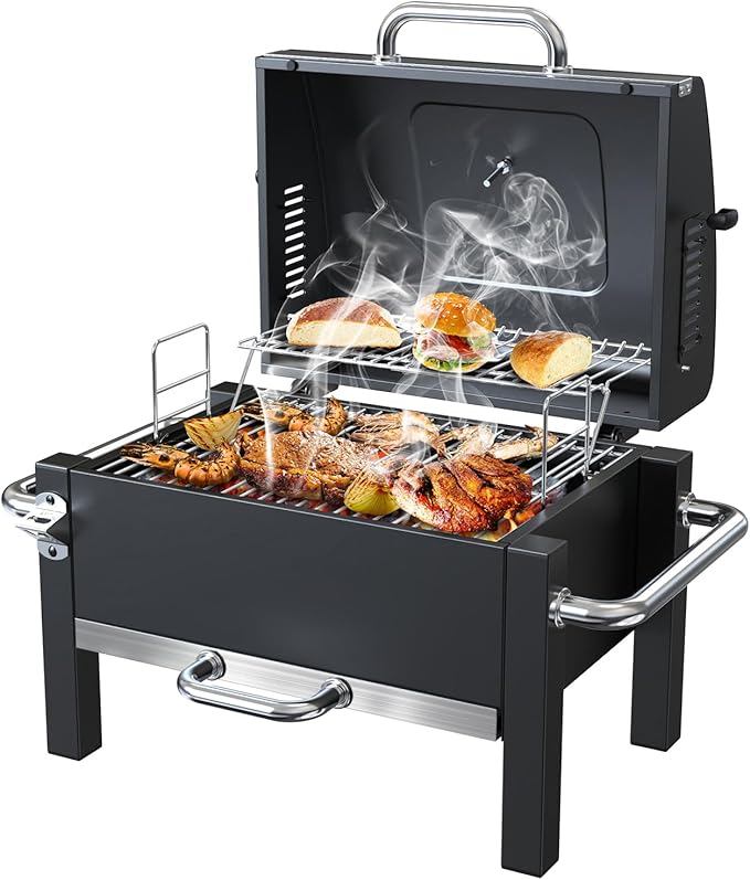 BBQCuker Portable Charcoal Grill with Warming Rack Tabletop Charcoal Grill Small BBQ Grill with Thermometer(100-800°F) Outdoor Charcoal Smoker for Camping Picnic Hiking Beach and Travel
