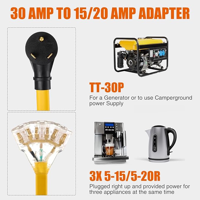 Tellegloww 15 FT Flat RV Generator Adapter Cord NEMA TT-30p to 3X 5-20R/5-15R 30A to 110V 15/20 A Household Outlet Adapter 10 Gauge Flat RV Generator Extension Cord Etl Listed Yellow