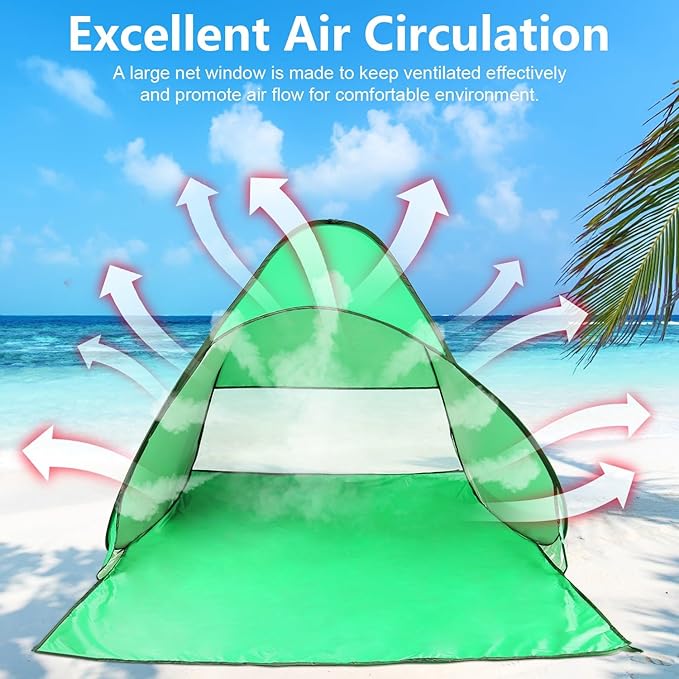 Beach Tent Easy Pop Up 2-3 Person Beach Shade Beach Tent Sun Shelter Instant Portable Beach Tent Umbrella Sun Shade Canopy with Storage Bag for Outdoor Beach Camping Fishing (Green)