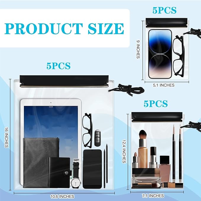 Dansydaisy 15 Pack Clear Waterproof Bags Water Tight Pouch Holder 3 Sizes Dry Bags Boating Waterproof Cases Sealable Phone Pouch Compatible with Iphone Ipad Maps Camera Document Holder Kayaking
