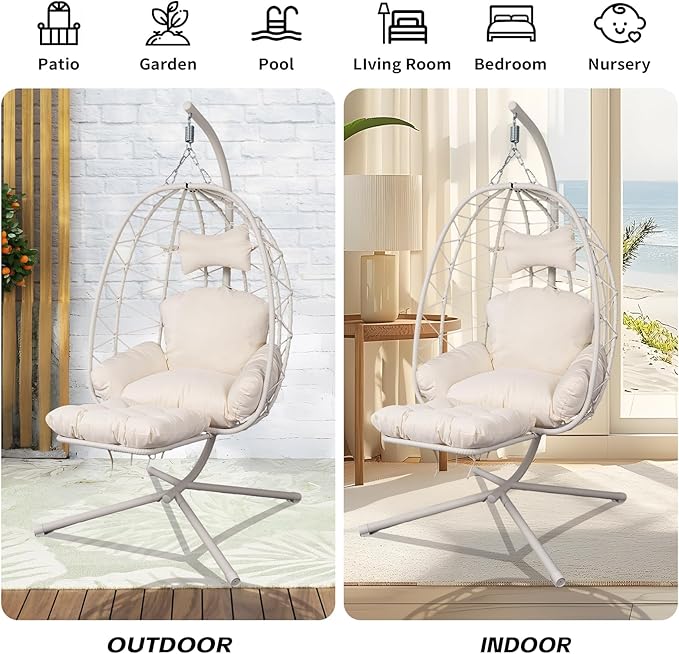 Hanging Egg Chair with Stand Outdoor Indoor Patio Rattan Swing Hammock Chairs with Washable Cushion PE Wicker Swing Chair for Backyard Bedroom Garden (White + White Cushion with Footrest)