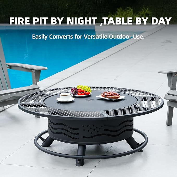 Panovue 47 Inch Fire Pit with 2 Cooking Grates Outdoor Wood Burning BBQ Grill Firepit Bowl with Cover Lid Steel Round Table for Backyard Bonfire Patio Picnic (Black 47IN)