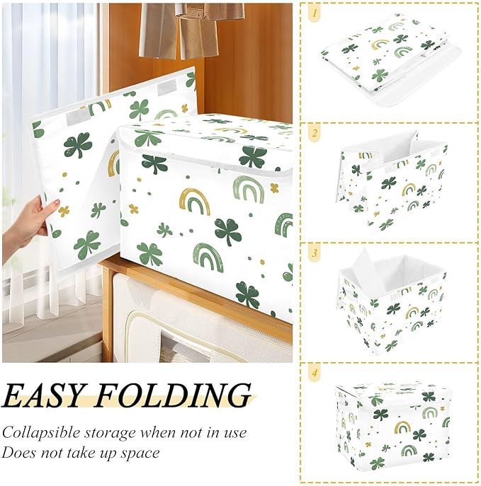 Rainbow and Clover Fabric Storage Bins with Lids and HandleFoldable Storage Bins with LidsCloset Organizers for Clothes Storage Room Organization Office Storage Chest Organizer