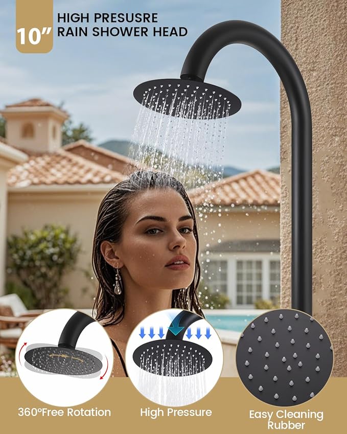 316 Marine Grade Stainless Steel Free Standing Outdoor Shower with Foot Wash 3-Function Matte Black Shower Kit with 10''Rain Shower HeadOutdoor Shower Fixture for Yard Beach Poolside Garden