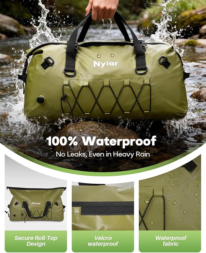 60L Waterproof Duffel Bag Motorcycle Dry Bag Backpack Heavy-Duty Roll-Top Waterproof Bag with Sealed Seams &amp Waterproof Zipper for Riding Kayaking Camping &amp Travel (Green)