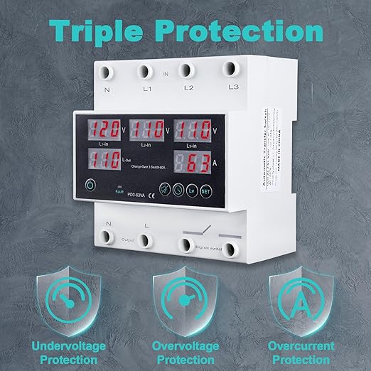 Automatic Transfer Switch 110V 63A Auto Transfer Switch Real-time Monitoring with LED DisplayDin Rail Mount