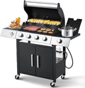 MELLCOM Upgraded 44000 BTU Stainless Steel Burner Barbecue Grill 4 Burner BBQ Propane Gas Grill with Side Stove &amp Cast Iron Grates for Patio Camping Outdoor Cooking