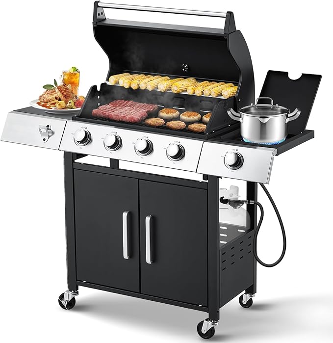 MELLCOM Upgraded 44000 BTU Stainless Steel Burner Barbecue Grill 4 Burner BBQ Propane Gas Grill with Side Stove &amp Cast Iron Grates for Patio Camping Outdoor Cooking