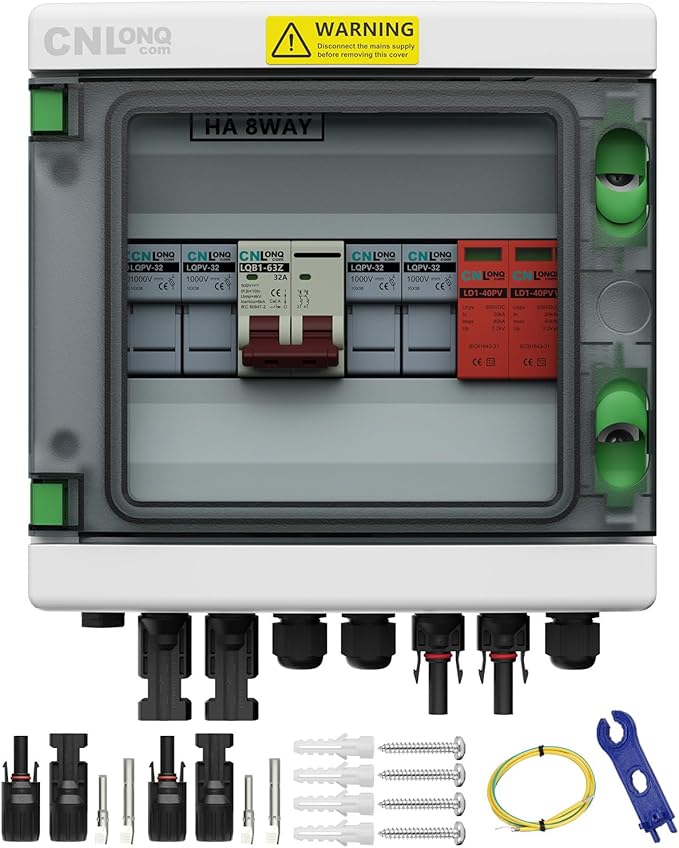 2 String Solar PV Combiner Box IP65 2 in 1 Out DC500V 32A Circuit Breaker with Surge Protector and 15A PV FuseSolar Disconnect Switch Outdoor Waterproof for Solar Panels System