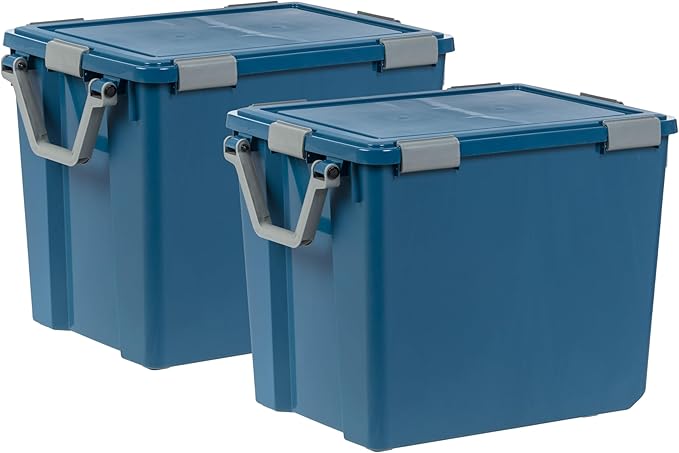 IRIS USA WeatherPro 103 Qt Eco-Friendly Storage Bins with Lids 2 Pack BPA-Free Plastic Gasket Box with Tight Latch and Seal Stackable Nestable Tote Tub - Navy