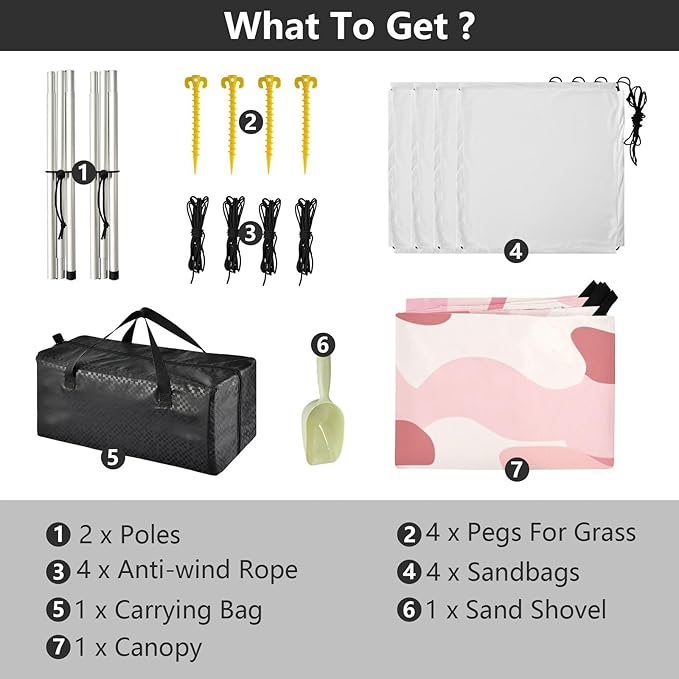 Rose Pink Stable Beach Tent UPF50+ Protection Water-Resistant Large Sun Shelter with Sand Shovel Sandbags for Backyard and Camping