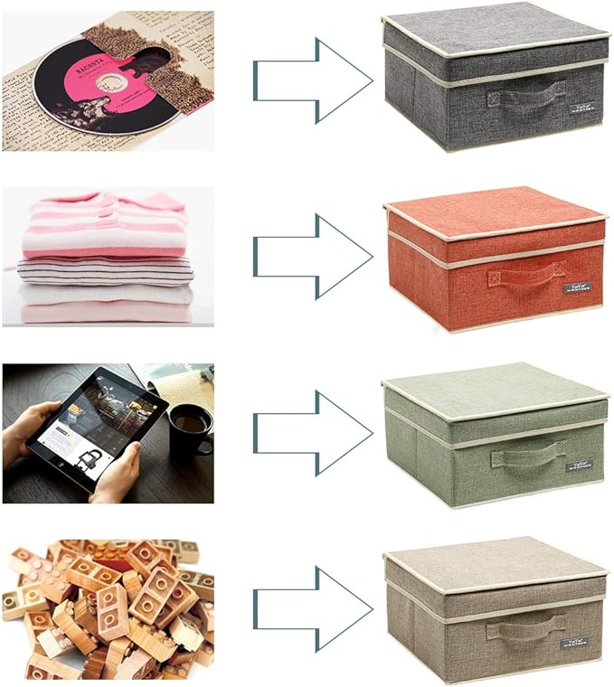 YueYue Small 4 Pack Fabric Stroage Box with Lids Linen Foldable Stroage Box with lids 4 Color Set 12.4in/12in/6.7in