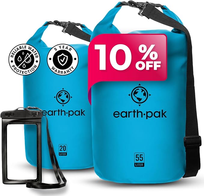 Earth Pak Waterproof Dry Bag - Roll Top Waterproof Backpack Sack (Light Blue 20L &amp 55L)