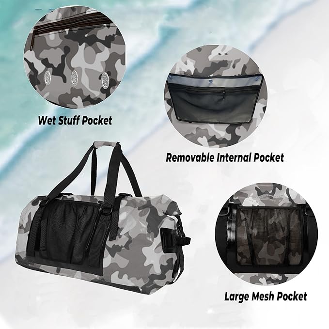 65L Waterproof Duffel Bag for Men and Women - Large Motorcycle Duffle Bag with Straps for Back Seat - Roll Top Dry Bag for Kayaking Rafting Boating Swimming Beach