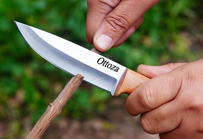 Ottoza Full Tang Bushcraft Knife with 1095 Carbon Steel Fixed Blade - Survival and Outdoor Camping Knife - Black Cross Draw Sheath and Olive Wood Handle 396