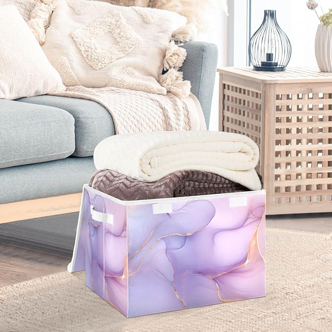 Storage Cube with Lid Luxurious Marble Print 16.5×12.6×11.8 IN Collapsible Large Capacity Foldable Storage Basket Bin Organizer