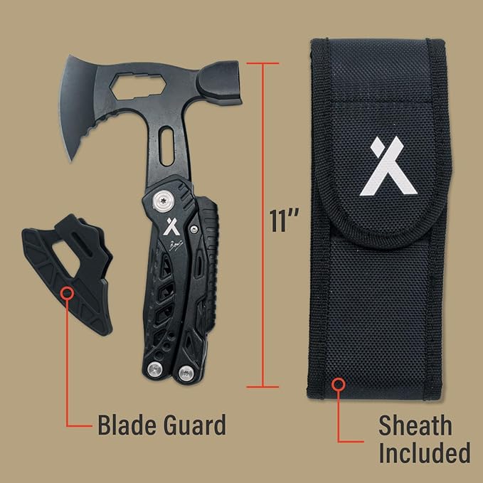 Bear Grylls Axe Multitool Hammer - With Knife Bottle Opener Hatchet Nylon Sheath Saw Screwdriver Whistle - Tactical For Camping Survival Hiking Portable and Lightweight - Black