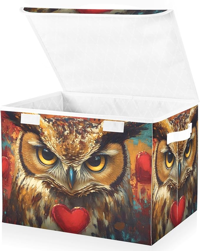 AIXIWAWA Lidded Storage Cube (Owl with Heart) Fabric Foldable Closet Bins with Flip Lid and Handles Organizer Basket Container 16.5 x 12.6 x 11.8 IN
