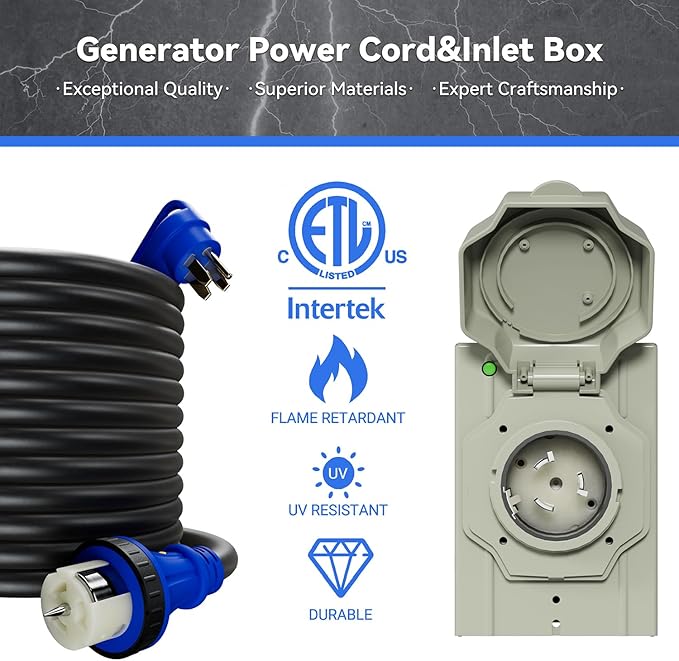50AMP 25Feet Generator Cord with Pre-drilled Power Inlet Box 50 Amp 4 Prong 125V/250V NEMA 14-50P Male to SS2-50R STW 6/3+8/1 AWG Twist Locking with Inlet Box for Generator to House UL&ampETL Lis