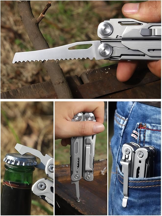 Multitool 15-in-1 Full-Size Lightweight EDC Multi-Purpose Pliers Stainless Steel Camping Knives &amp Tools Tactical Outdoor Gear Mens Gifts Ideas Gifts for Hunters Men who have Everything(Sil