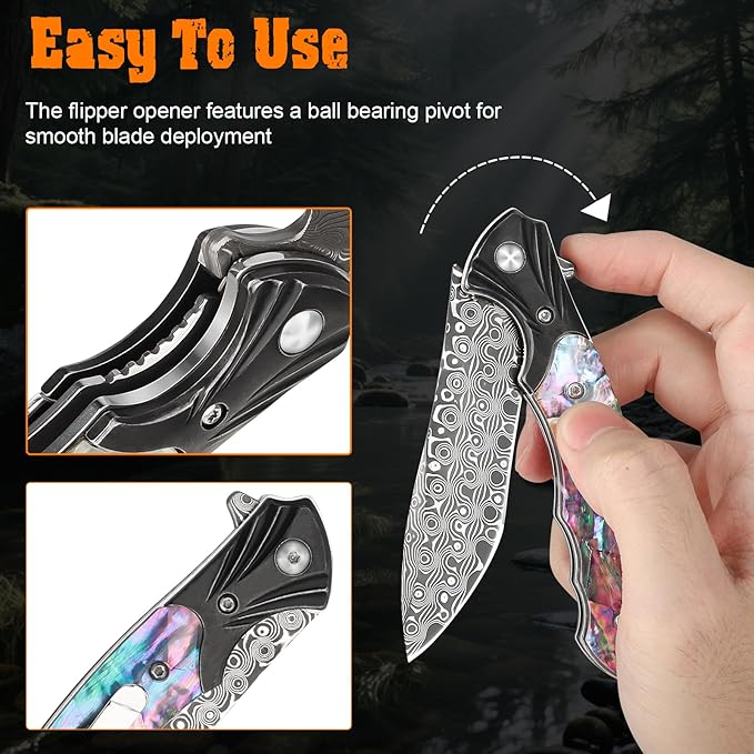AUBEY Damascus Pocket Knife for Women Men 3.43 VG10 Damascus Steel Blade Knife with Clip EDC Folding Knives with Abalone Shell Handle Gift for Camping Outdoor Hunting Hiking Collection