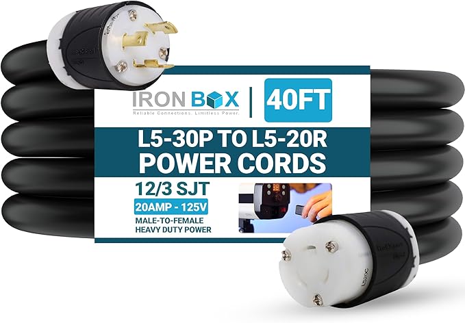 IronBox Electric NEMA L5-30P to L5-20R Plug Adapter Power Cord - 20A125V 12/3 SJT - UL Listed Power Cable - Heavy Duty Extension Cord for Generator Data Centers Outdoor &amp More (40ft Custom Bu