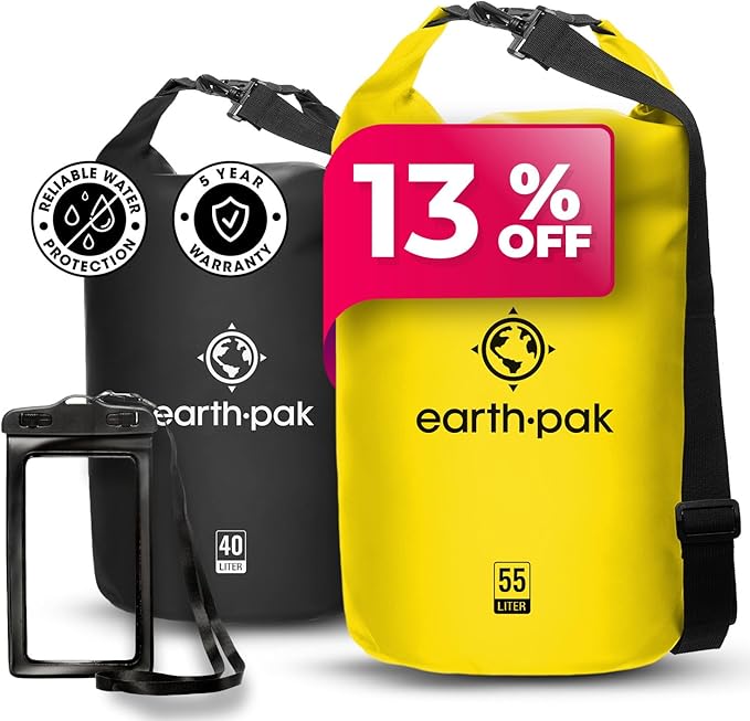 Earth Pak Waterproof Dry Bag - Roll Top Waterproof Backpack Sack (Yellow 55L &amp Black 40L)